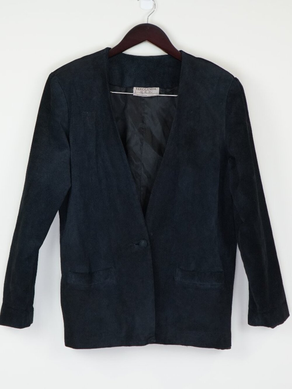 Vintage Black Suede Leather Blazer Collarless 80s Minimalist Jacket Size 12